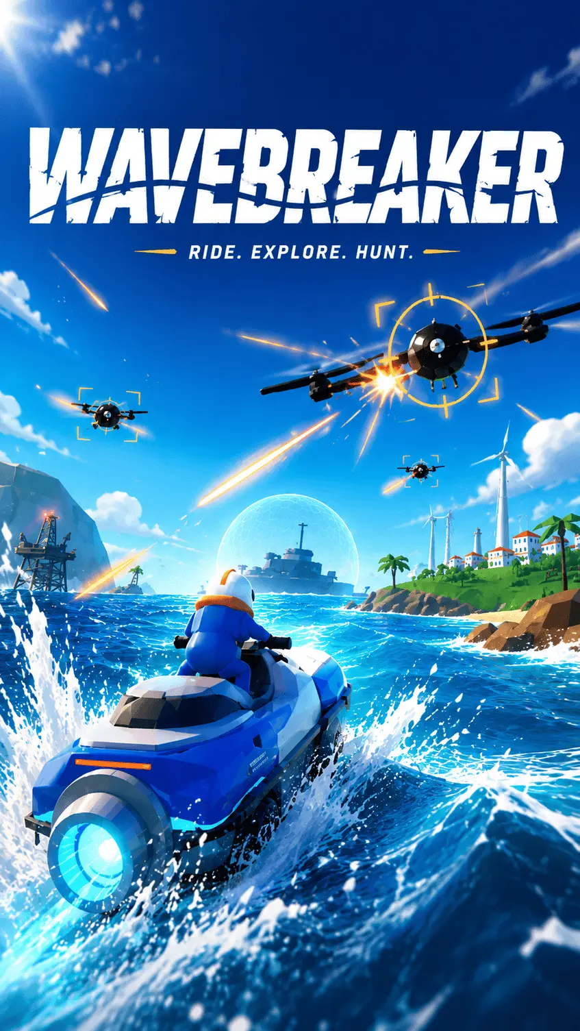 WAVEBREAKER cover art: a jet ski races toward a fortified island under drone attack.